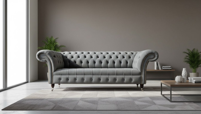 Engelse Chesterfield Bank Bank Kantoor Meubilair Driezits Fluweel 230cm Grijs