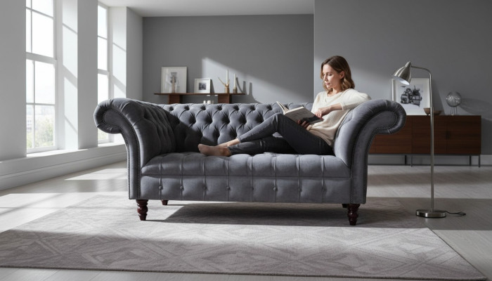 Bank 2-zitter bankontwerp textiel stof grijs Chesterfield nieuw
