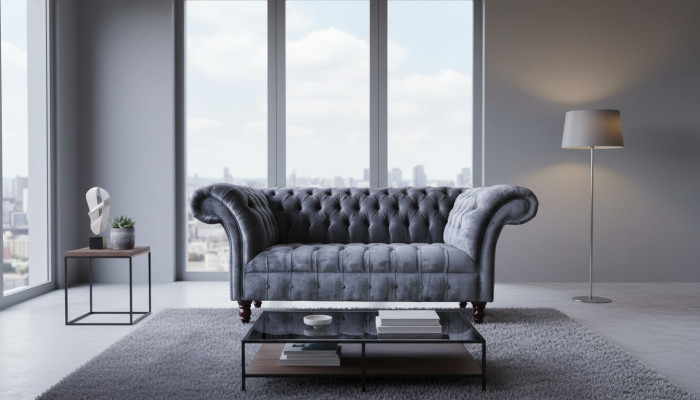 Bank 2-zitter bankontwerp textiel stof grijs Chesterfield nieuw