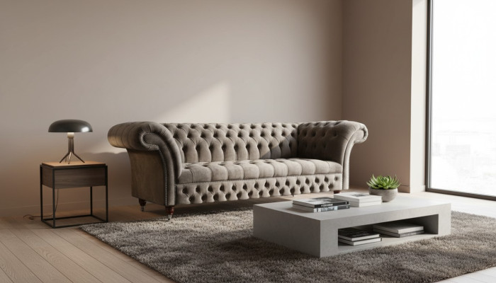 Engelse Chesterfield bank Bank Kantoor Meubelen Driezits Fluweel 230cm Taupe