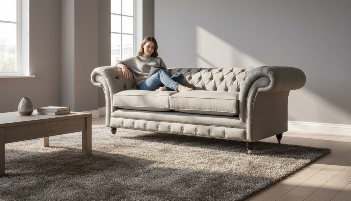 Engelse Chesterfield Bank Bank Kantoor Meubilair Driepersoons Fluweel 230cm Bruin