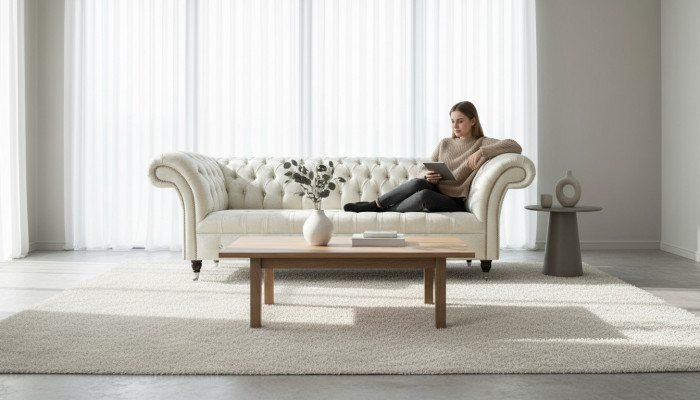 Driepersoons wit stoffen woonkamer designbank Chesterfieldbank