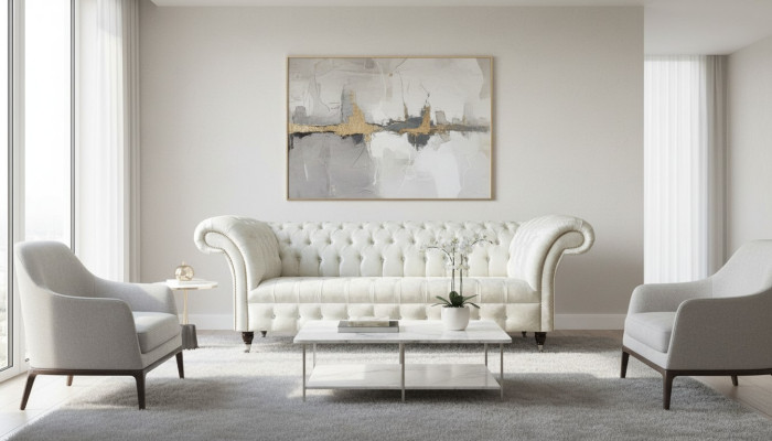 Driepersoons wit stoffen woonkamer designbank Chesterfieldbank