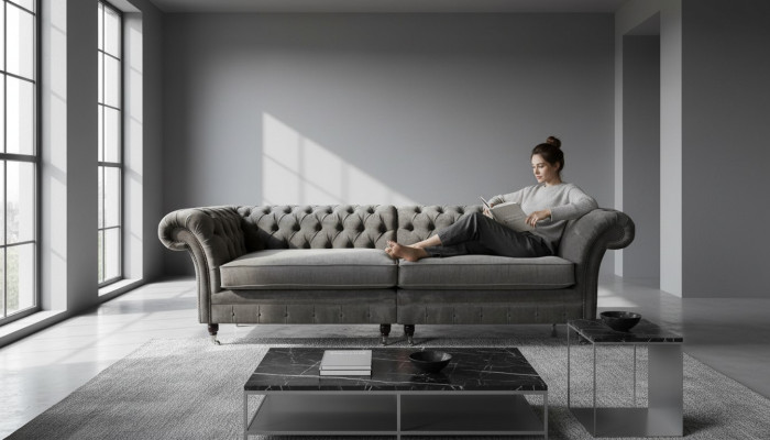 Chesterfield vierzitsbank 4-zitsbanken Stof Polyester Grijs Meubels