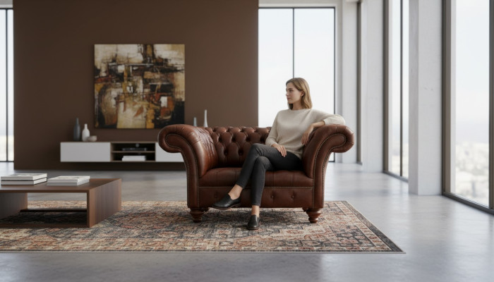 Chesterfieldbank Woonkamerbanken Bank Bekleding Leer Modern 1,5-Zits