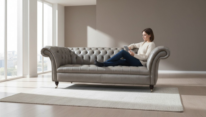 Grijze Chesterfield Engelse klassieke stijl bank 3-zits bekleding 230 cm.