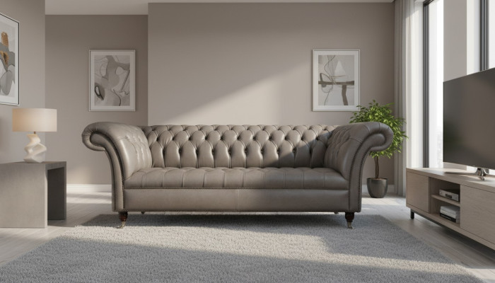 Grijze Chesterfield Engelse klassieke stijl bank 3-zits bekleding 230 cm.