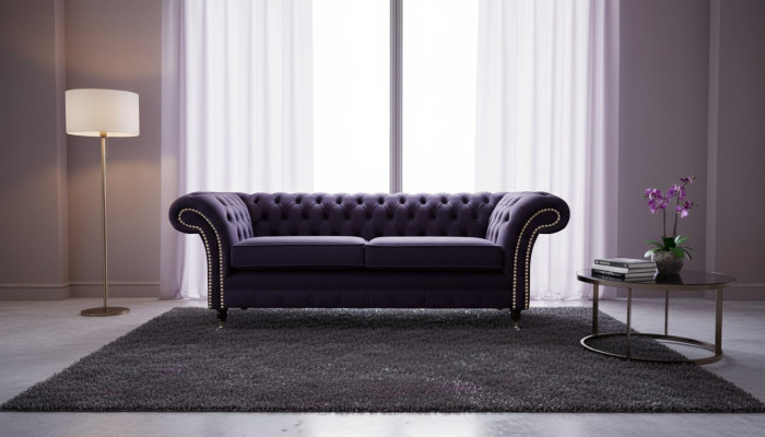 Chesterfield Engelse klassieke stijl bankstel 3-zits paarse bekleding 230cm.