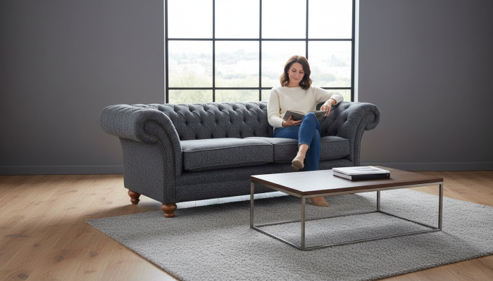 Grijze Chesterfield 3-zits Grijs Textiel Ontwerp Banken Gestoffeerde Banken