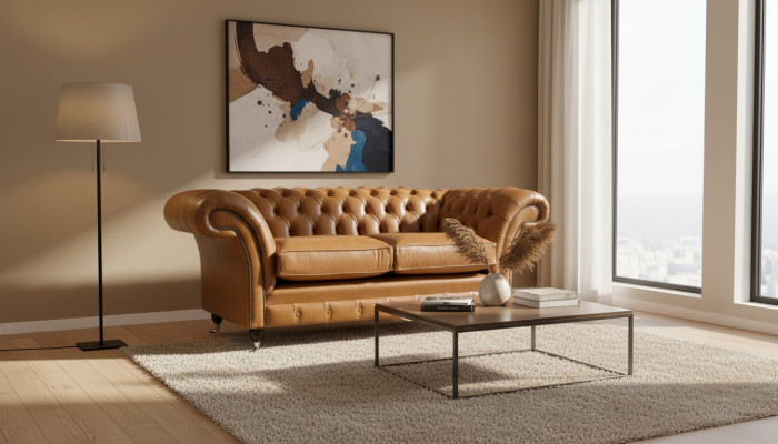 Chesterfield tweezitsbank 2-zitsbanken Gestoffeerde zitbank van bruin leer  Chesterfield twee zits bank 2-zitsbanken Gestoffeerde bank van bruin leer