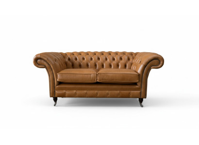 Chesterfield tweezitsbank 2-zitsbanken Gestoffeerde zitbank van bruin leer  Chesterfield twee zits bank 2-zitsbanken Gestoffeerde bank van bruin leer