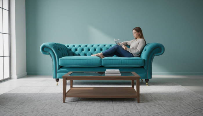 Chesterfield driepersoons blauw stoffen woonkamer design bankstel