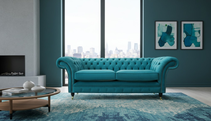 Chesterfield driepersoons blauw stoffen woonkamer design bankstel