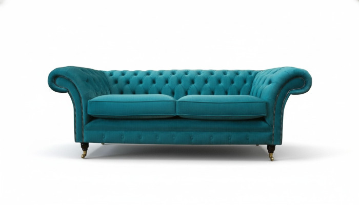 Chesterfield driepersoons blauw stoffen woonkamer design bankstel