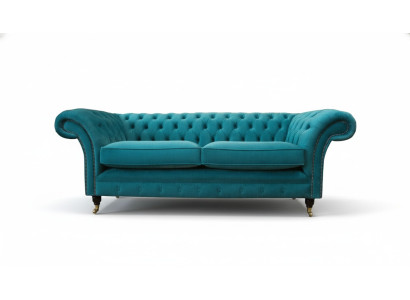 Chesterfield driepersoons blauw stoffen woonkamer design bankstel