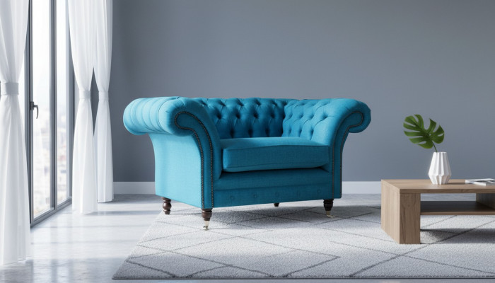 Blauwe Chesterfield fauteuil gestoffeerde bank banken 1,5 zits Fauteuil Textiel