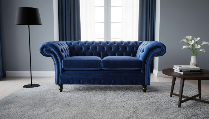Chesterfield kantoorstoel meubilair bank bank 2-zitter textiel blauw
