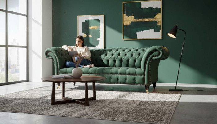 Driedelige bank, stof, groen, bekleding, meubels, Chesterfield, sofa's, banken