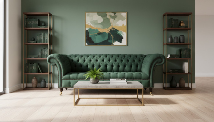 Driedelige bank, stof, groen, bekleding, meubels, Chesterfield, sofa's, banken