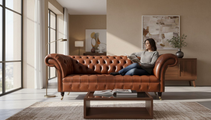 Chesterfield bank 3-zits bruin modern gestoffeerd leer woonkamer design.
