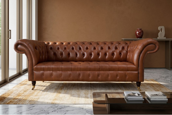 Chesterfield bank 3-zits bruin modern gestoffeerd leer woonkamer design.