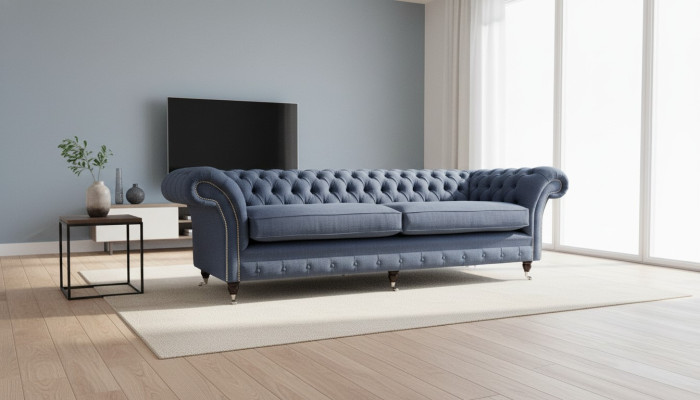 Ontwerp Chesterfield Bankstel 4-zits Stof Bank Blauw Bekleding Woonkamer