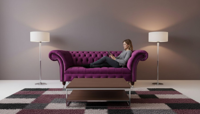 Engelse Chesterfield kantoor zitmeubelen inrichting sofa bank 2 zit paars