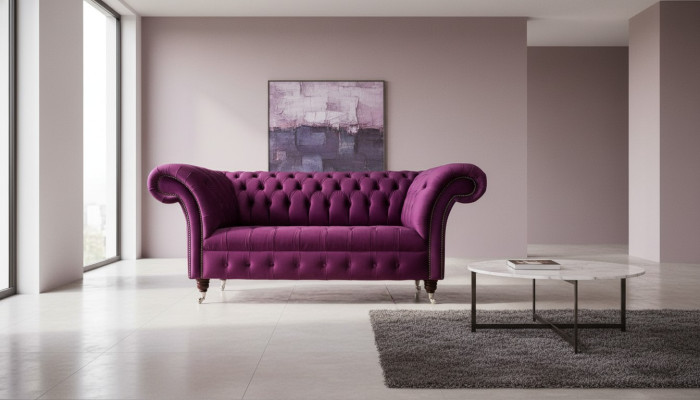 Engelse Chesterfield kantoor zitmeubelen inrichting sofa bank 2 zit paars