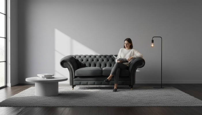 Chesterfield Zwart 2-zits Bank Beklede Banken Design Bank Textiel