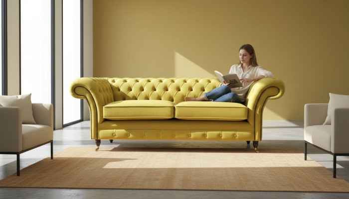 Textiel 3-zits Blauwe Stoffen Designbank Bekleding 230cm Bank Chesterfield