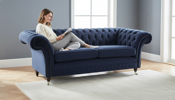 Klassieke Chesterfield woonkamer fluwelen bank Blauw 3-zits textielbanken