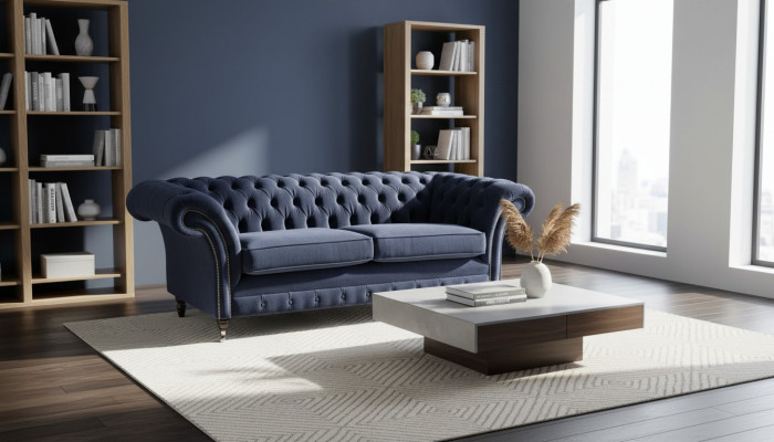 Klassieke Chesterfield woonkamer fluwelen bank Blauw 3-zits textielbanken