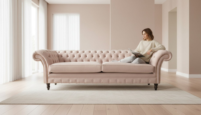 Rosa vierzits gestoffeerde bank, 4-zits meubel, grote banken, sofa 245cm nieuw