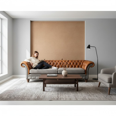 Klassieke 4-zits Chesterfield bank in bruin - hoogwaardig textiel en elegant lederen design