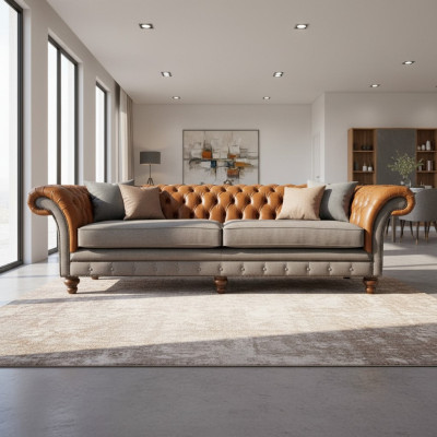 Klassieke 4-zits Chesterfield bank in bruin - hoogwaardig textiel en elegant lederen design