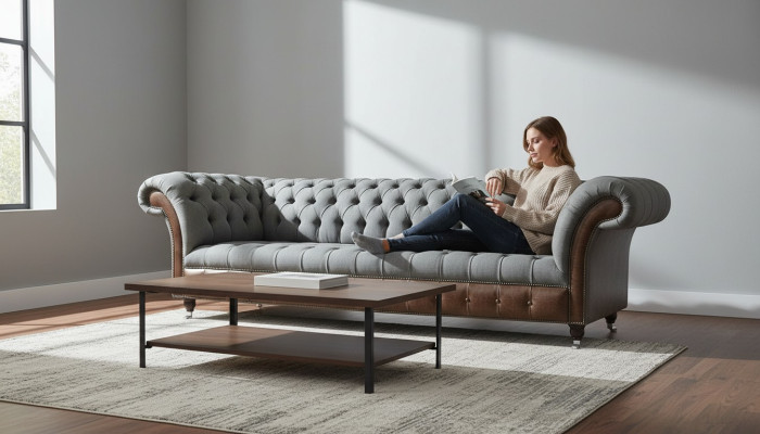 Engelse Chesterfield luxe textiele sofa 4-zits sofa gestoffeerd design stoffen banken
