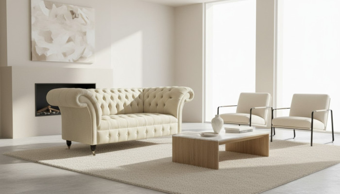 Twee persoons gestoffeerde bank met 2 zits van luxe textiel Chesterfield nieuw