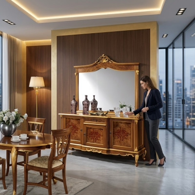 Dressoir Set Italiaanse meubels 2-delig Massief houten dressoir met spiegel