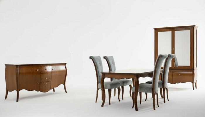 Volledige set eettafel 4x stoelen eetkamerset groep hout vitrine 7-delig