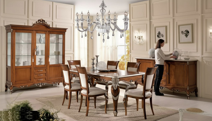 Eettafel 6x stoelen Eetkamer Eethoek Klassieke dressoir 9-delige set