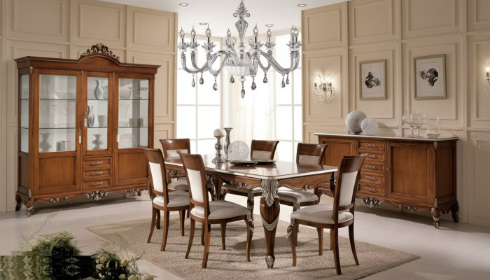 Eettafel 6x stoelen Eetkamer Eethoek Klassieke dressoir 9-delige set