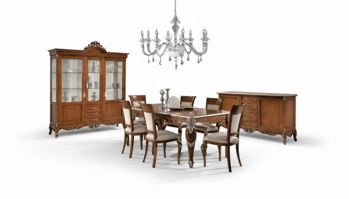 Eettafel 6x stoelen Eetkamer Eethoek Klassieke dressoir 9-delige set