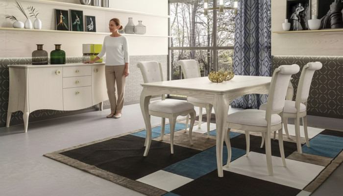 Eetkamer set Wit Eettafel 4x Stoelen Dressoir Elegant Design Nieuw 6-delig.