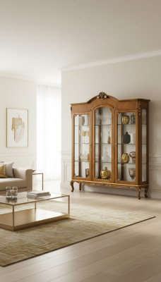 Klassieke vitrinekast van hout, luxe glazen kast van edel houtrek vitrines.