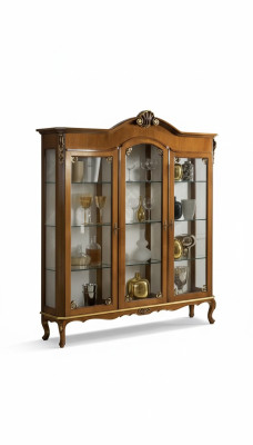 Klassieke vitrinekast van hout, luxe glazen kast van edel houtrek vitrines.