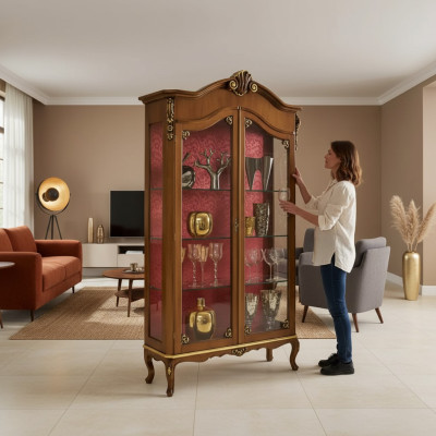 Vitrine Houten Meubel Glazen Kast Bruin Vitrines Woonkamer Dressoir Nieuw