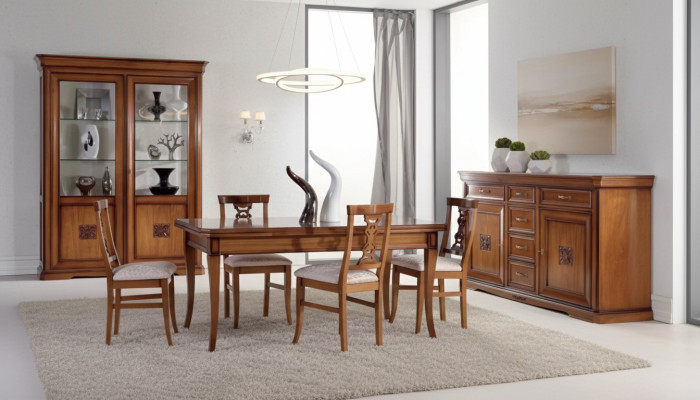 Ontwerp Eetkamer Set Garnituur 7-delig Houten Meubels 4x Stoelen Tafel Vitrine Nieuw