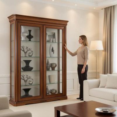 Klassieke vitrinekast Klassieke glazen kast Bruine houten kasten