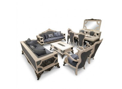 Luxe woonkamerset met 2x 3-zitsbanken, twee fauteuils en salontafel.