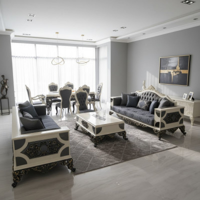 Luxe set van twee hoogwaardige 3-zits banken van edele materialen.